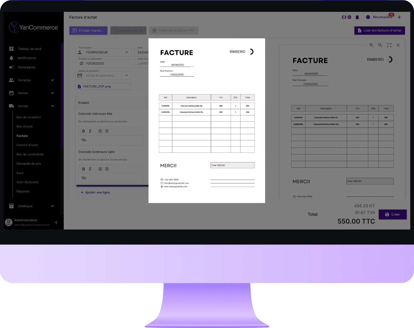 Interface YanCommerce : saisie d'une facture d'achat avec aperçu du PDF